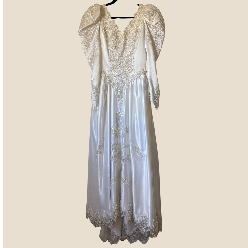 Vintage Lili International 80s Wedding Dress Satin Lace Puff Sleeve Back Bow - Picture 4 of 16